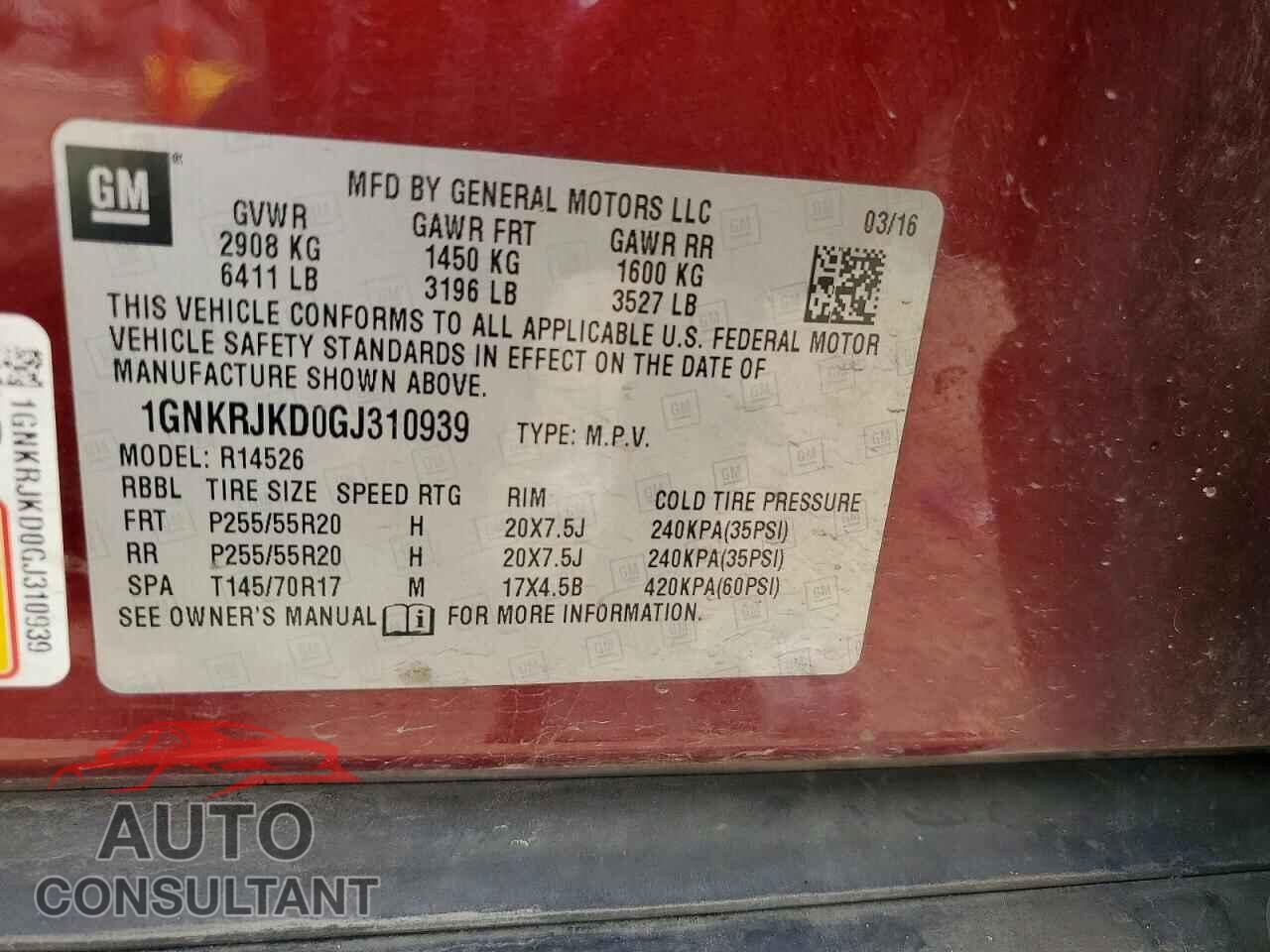 CHEVROLET TRAVERSE 2016 - 1GNKRJKD0GJ310939