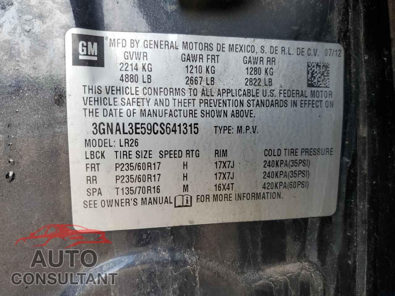 CHEVROLET CAPTIVA 2012 - 3GNAL3E59CS641315
