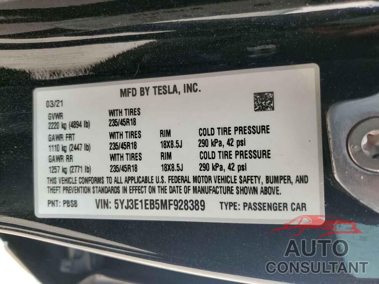 TESLA MODEL 3 2021 - 5YJ3E1EB5MF928389