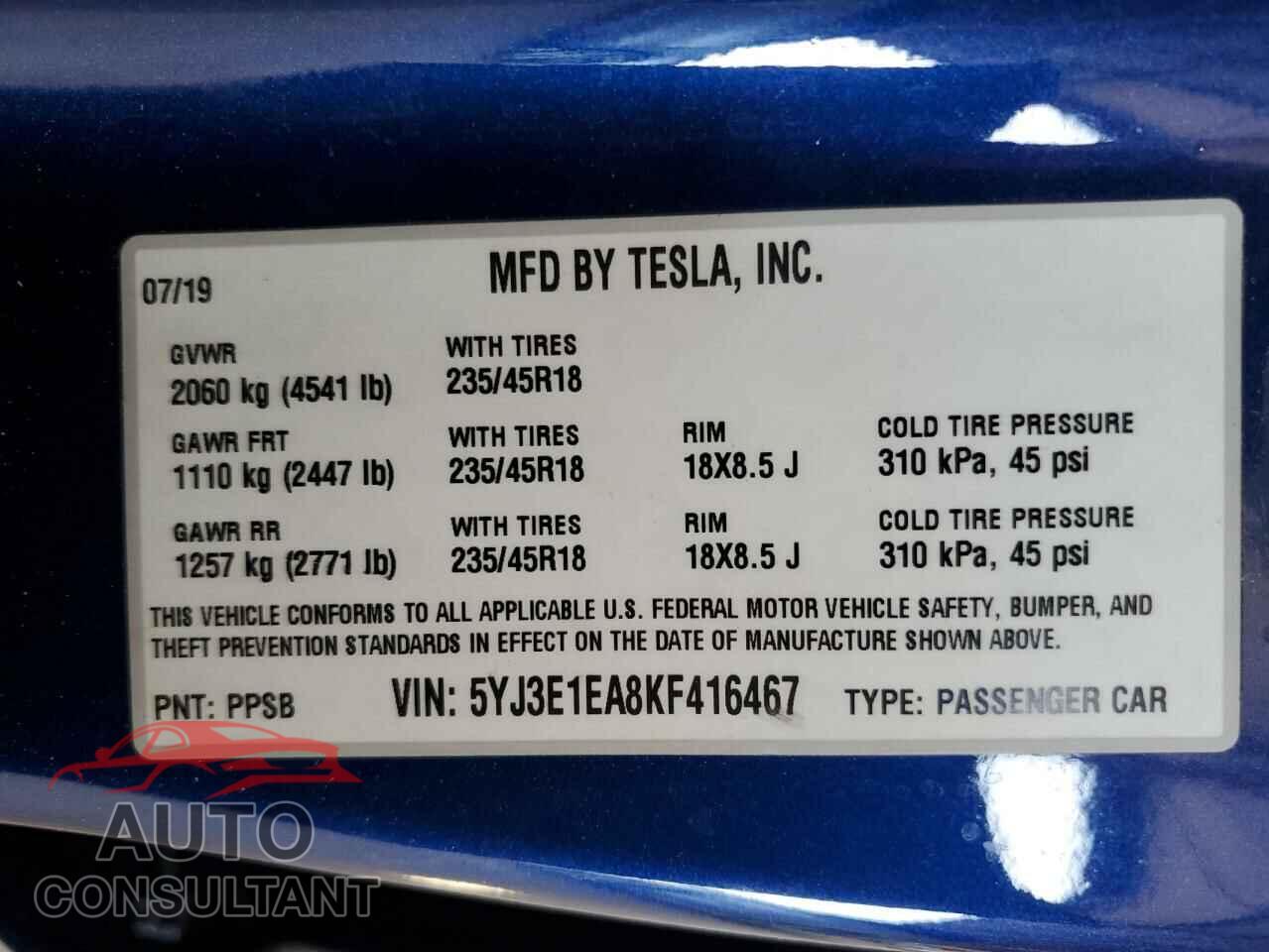 TESLA MODEL 3 2019 - 5YJ3E1EA8KF416467