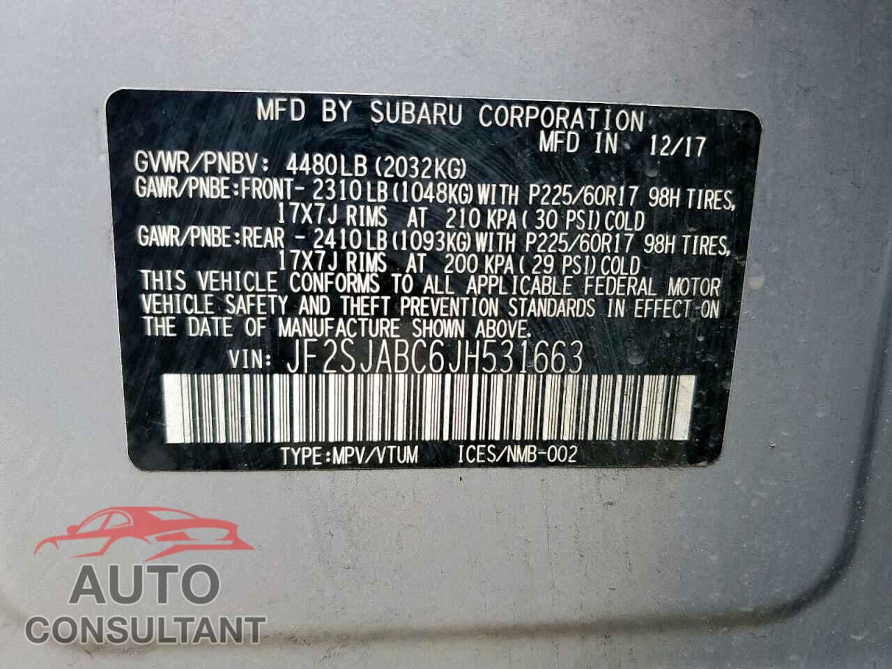 SUBARU FORESTER 2018 - JF2SJABC6JH531663