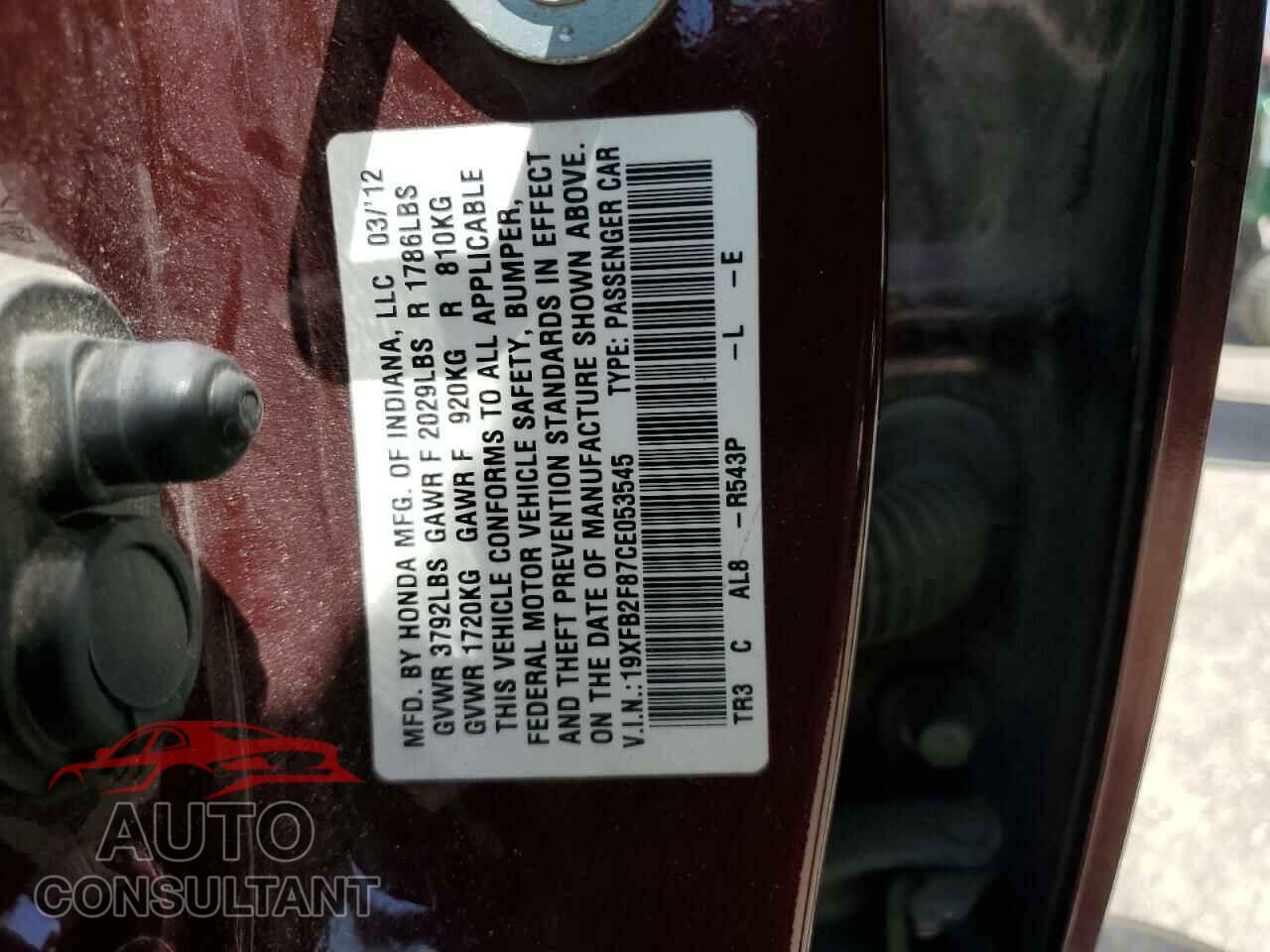 HONDA CIVIC 2012 - 19XFB2F87CE053545