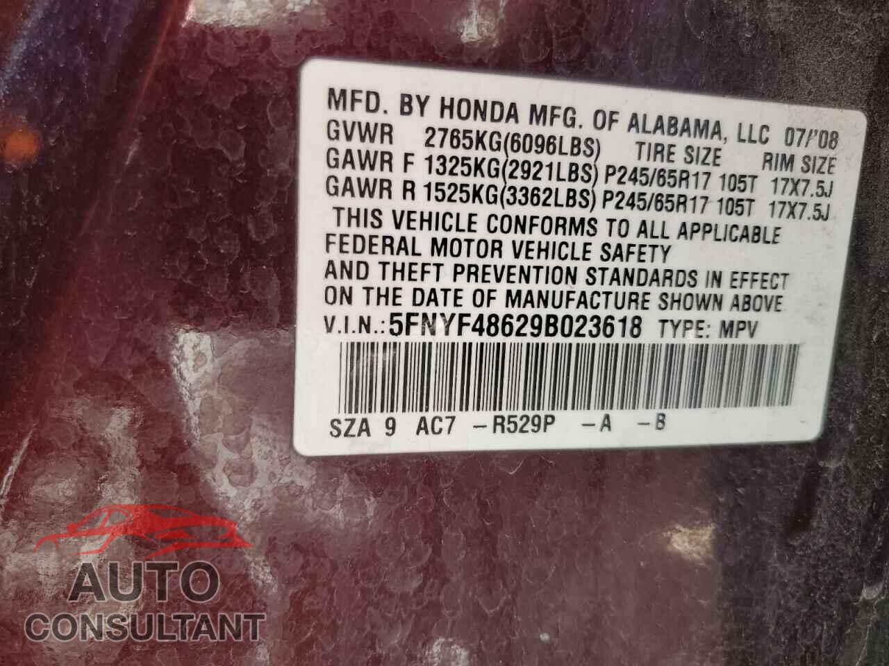 HONDA PILOT 2009 - 5FNYF48629B023618