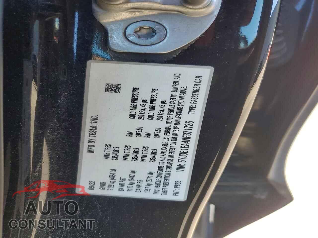 TESLA MODEL 3 2022 - 5YJ3E1EA4NF371726