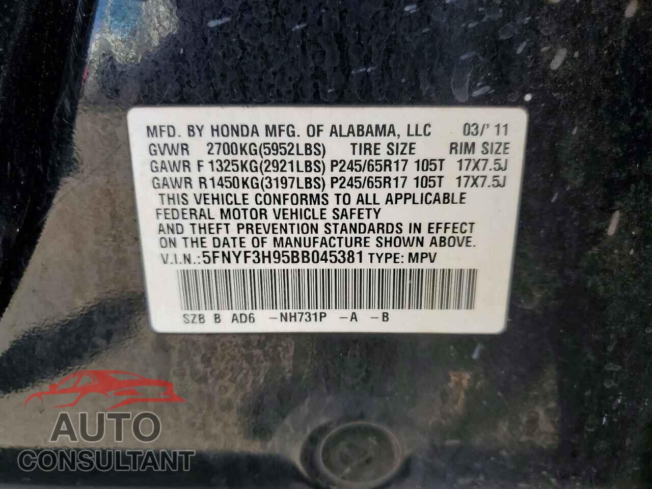 HONDA PILOT 2011 - 5FNYF3H95BB045381