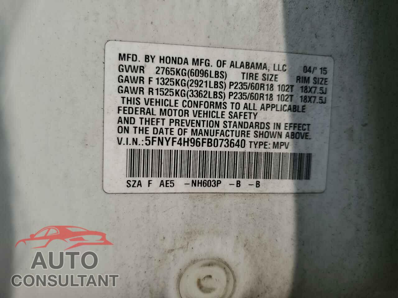 HONDA PILOT 2015 - 5FNYF4H96FB073640