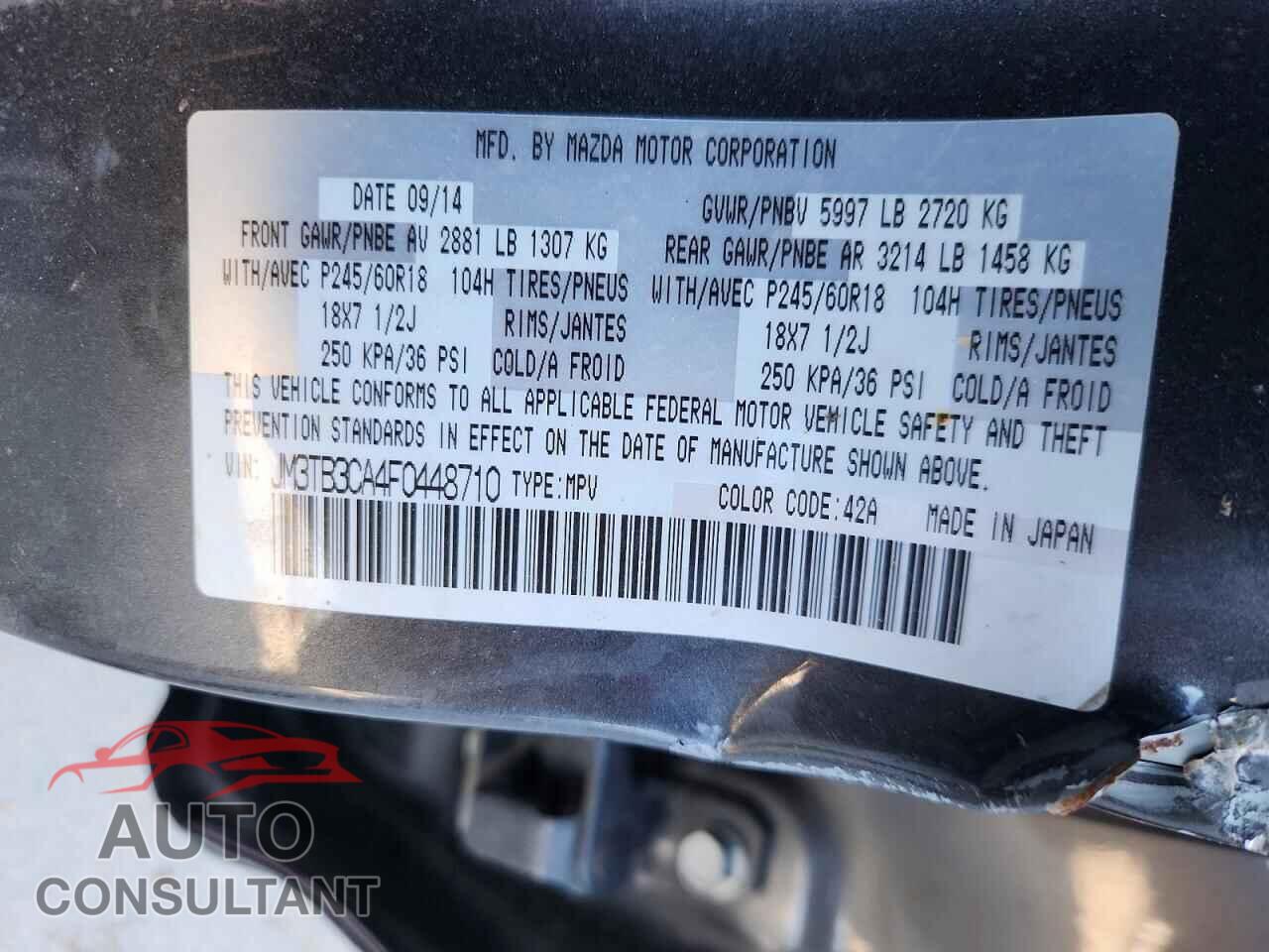 MAZDA CX-9 2015 - JM3TB3CA4F0448710