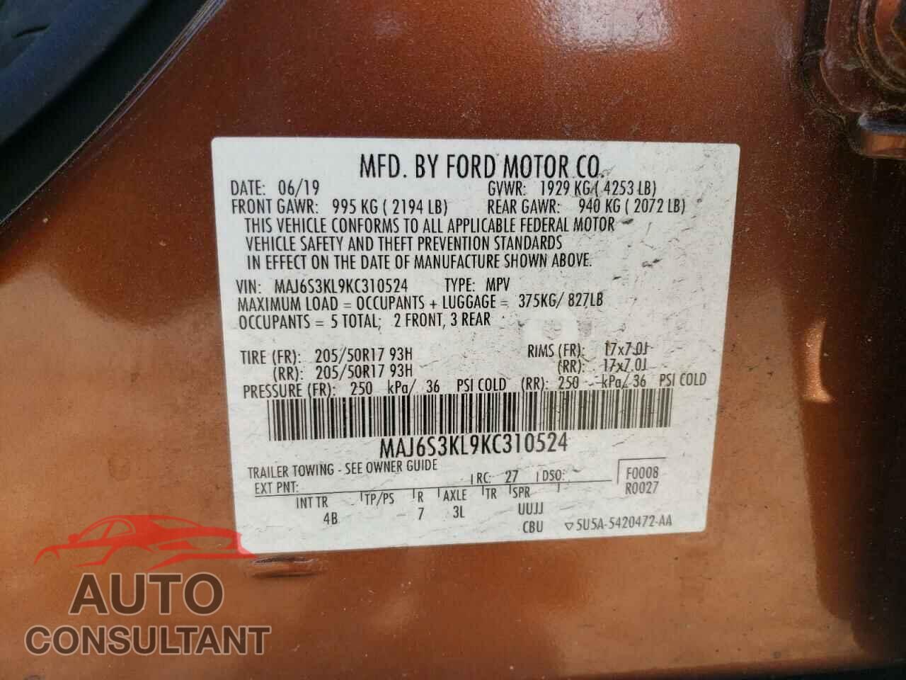 FORD ECOSPORT 2019 - MAJ6S3KL9KC310524
