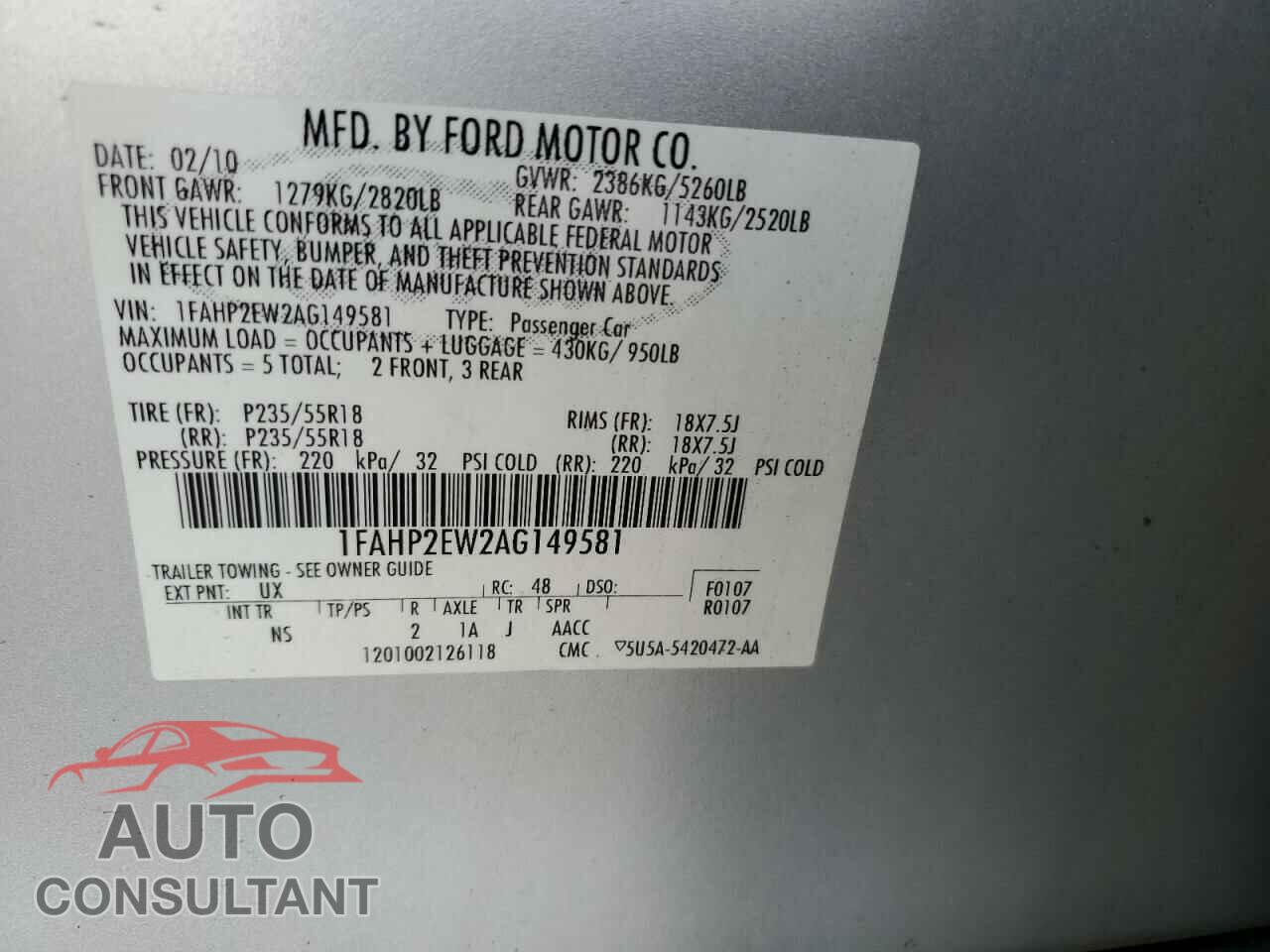 FORD TAURUS 2010 - 1FAHP2EW2AG149581
