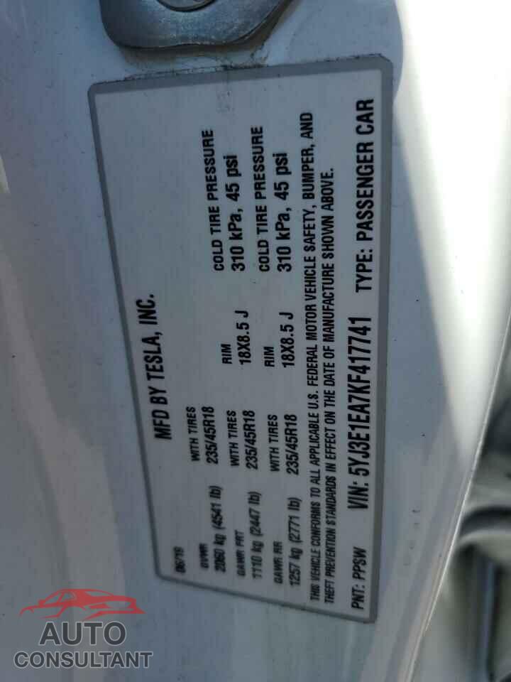 TESLA MODEL 3 2019 - 5YJ3E1EA7KF417741