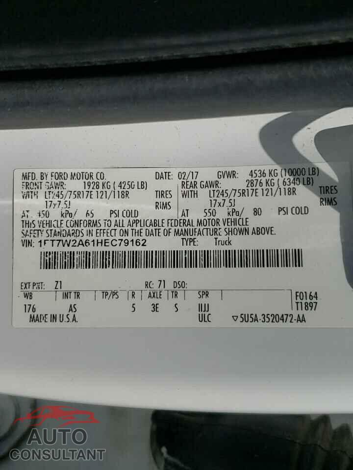 FORD F250 2017 - 1FT7W2A61HEC79162
