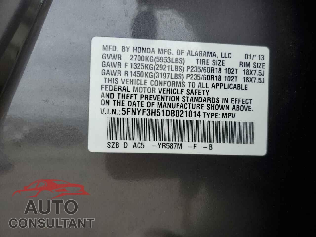 HONDA PILOT 2013 - 5FNYF3H51DB021014