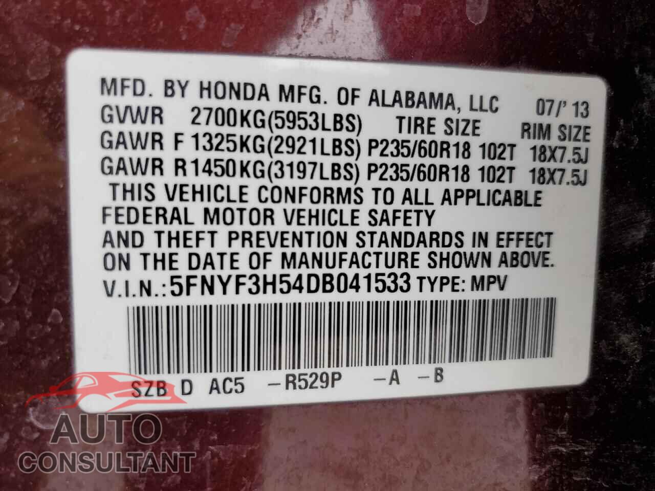HONDA PILOT 2013 - 5FNYF3H54DB041533