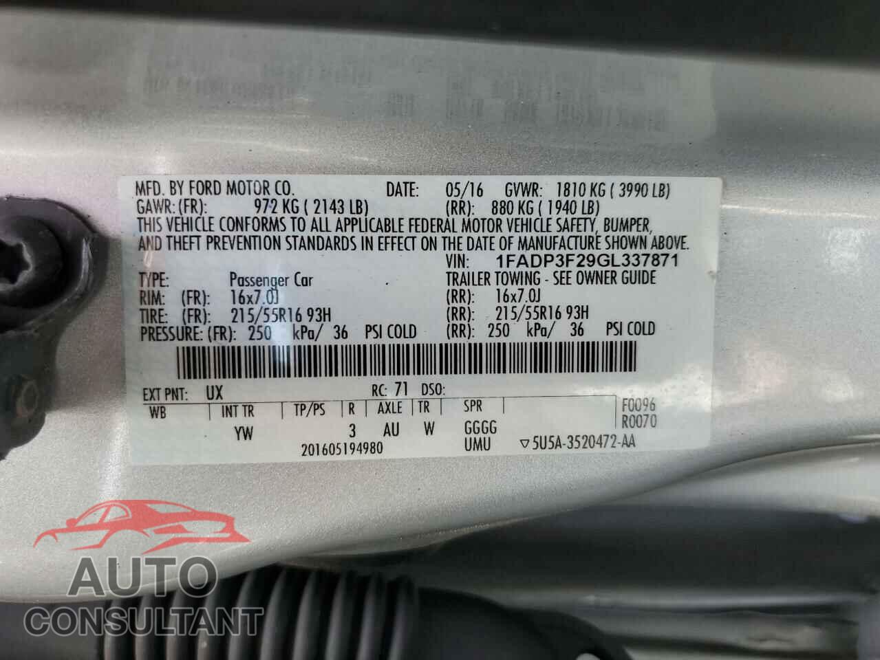 FORD FOCUS 2016 - 1FADP3F29GL337871