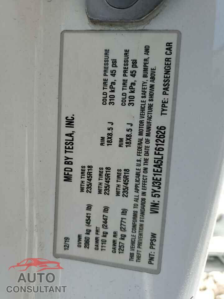 TESLA MODEL 3 2020 - 5YJ3E1EA5LF612626