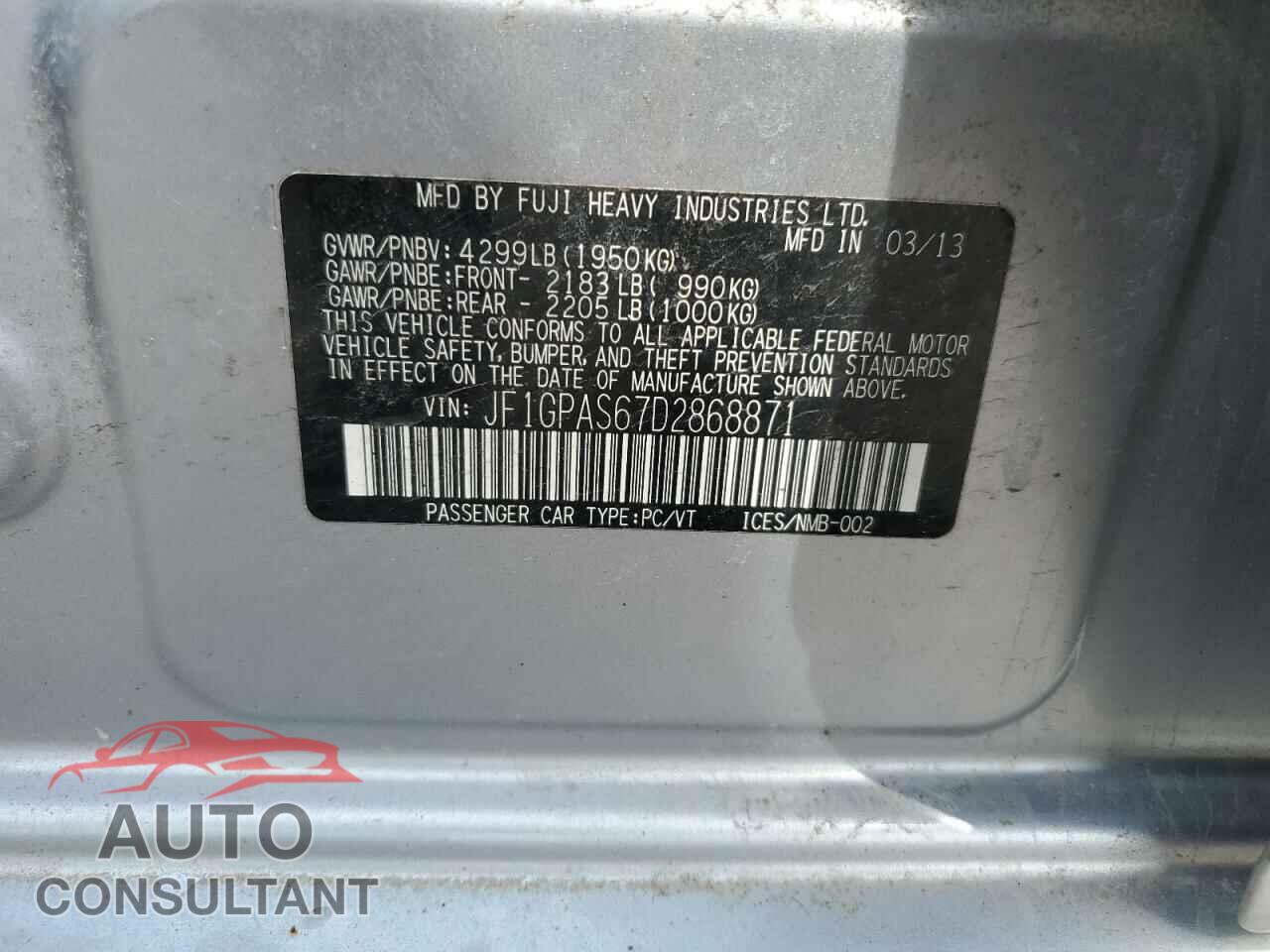 SUBARU IMPREZA 2013 - JF1GPAS67D2868871