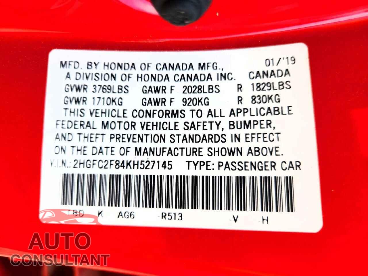 HONDA CIVIC 2019 - 2HGFC2F84KH527145