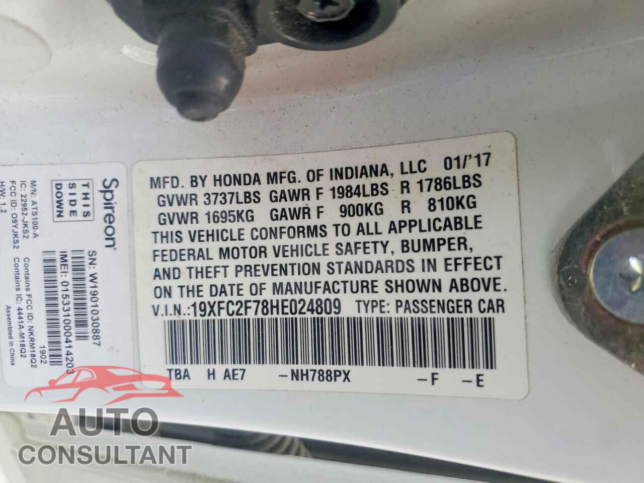 HONDA CIVIC 2017 - 19XFC2F78HE024809