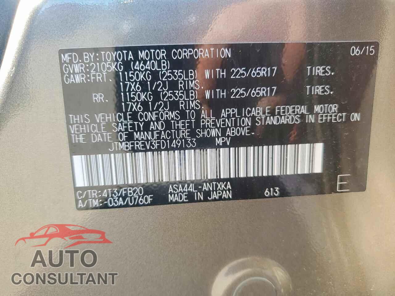 TOYOTA RAV4 2015 - JTMBFREV3FD149133