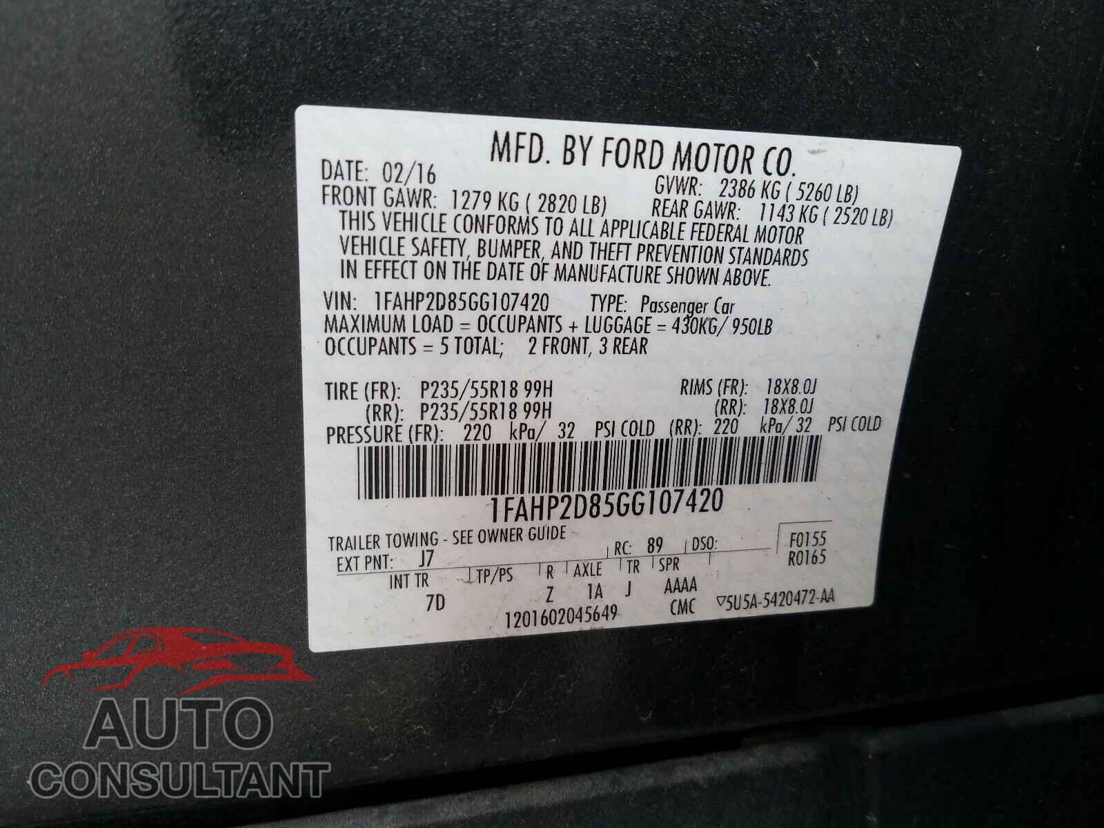 FORD TAURUS 2016 - 1FAHP2D85GG107420