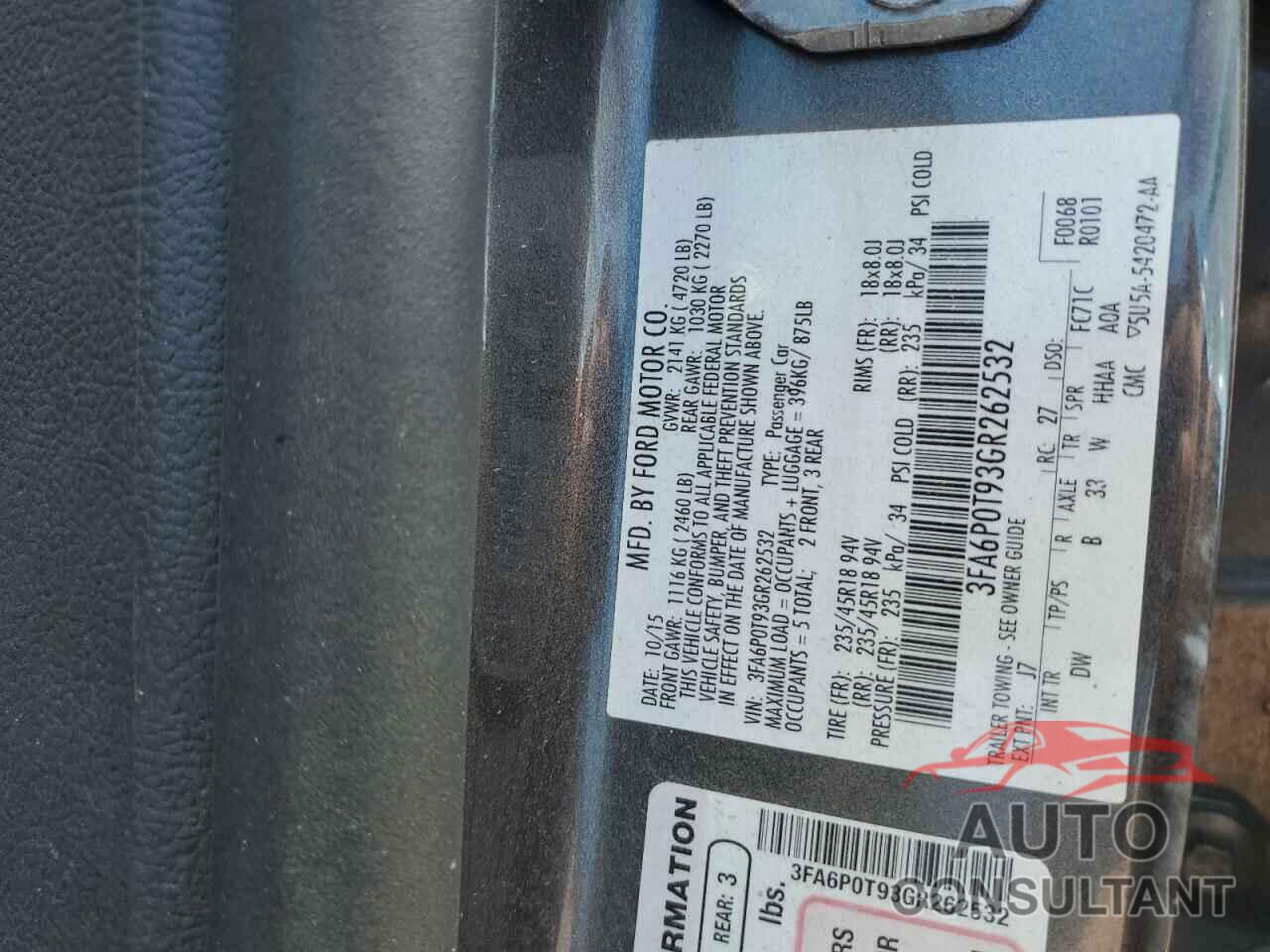 FORD FUSION 2016 - 3FA6P0T93GR262532