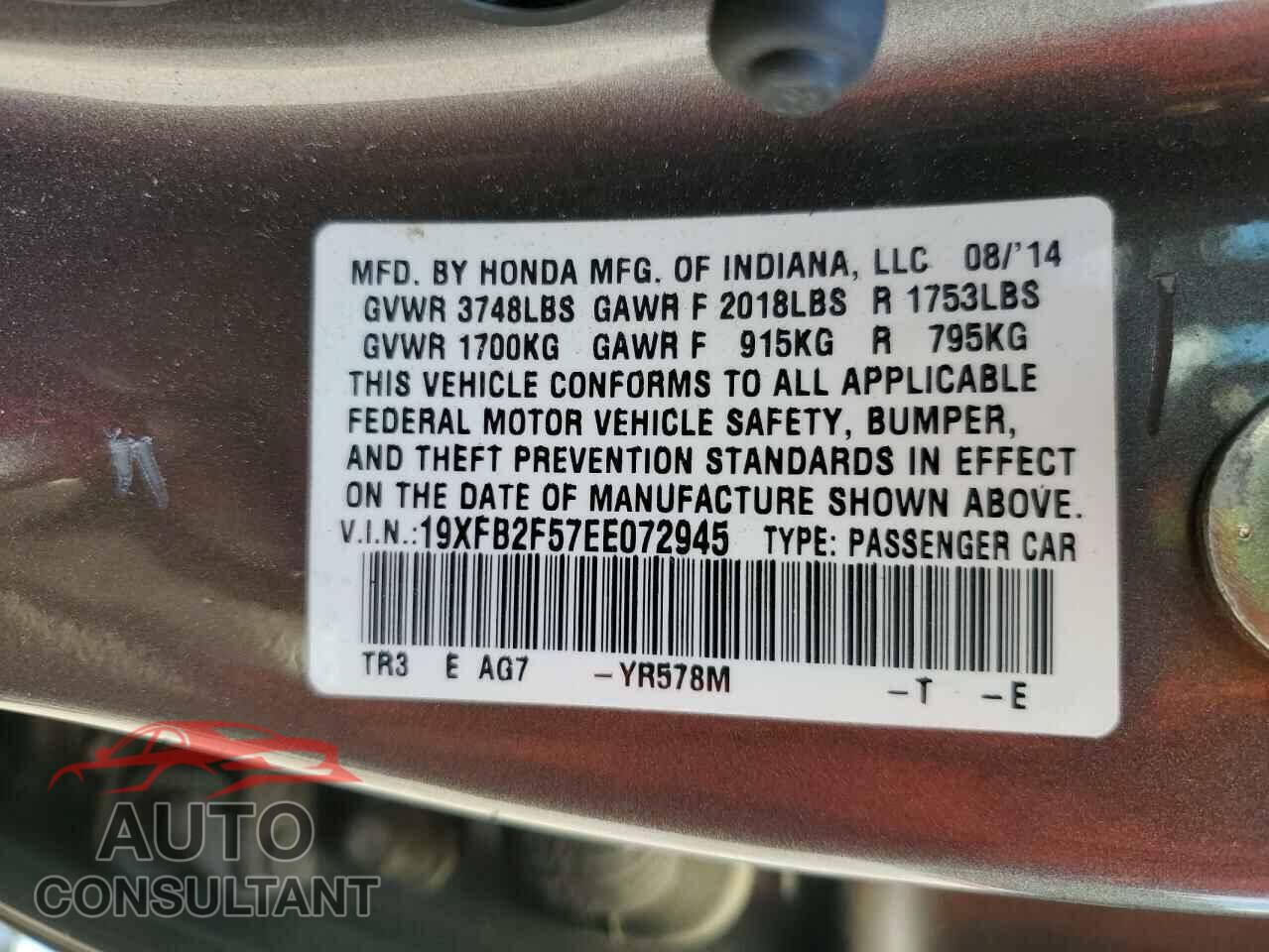 HONDA CIVIC 2014 - 19XFB2F57EE072945