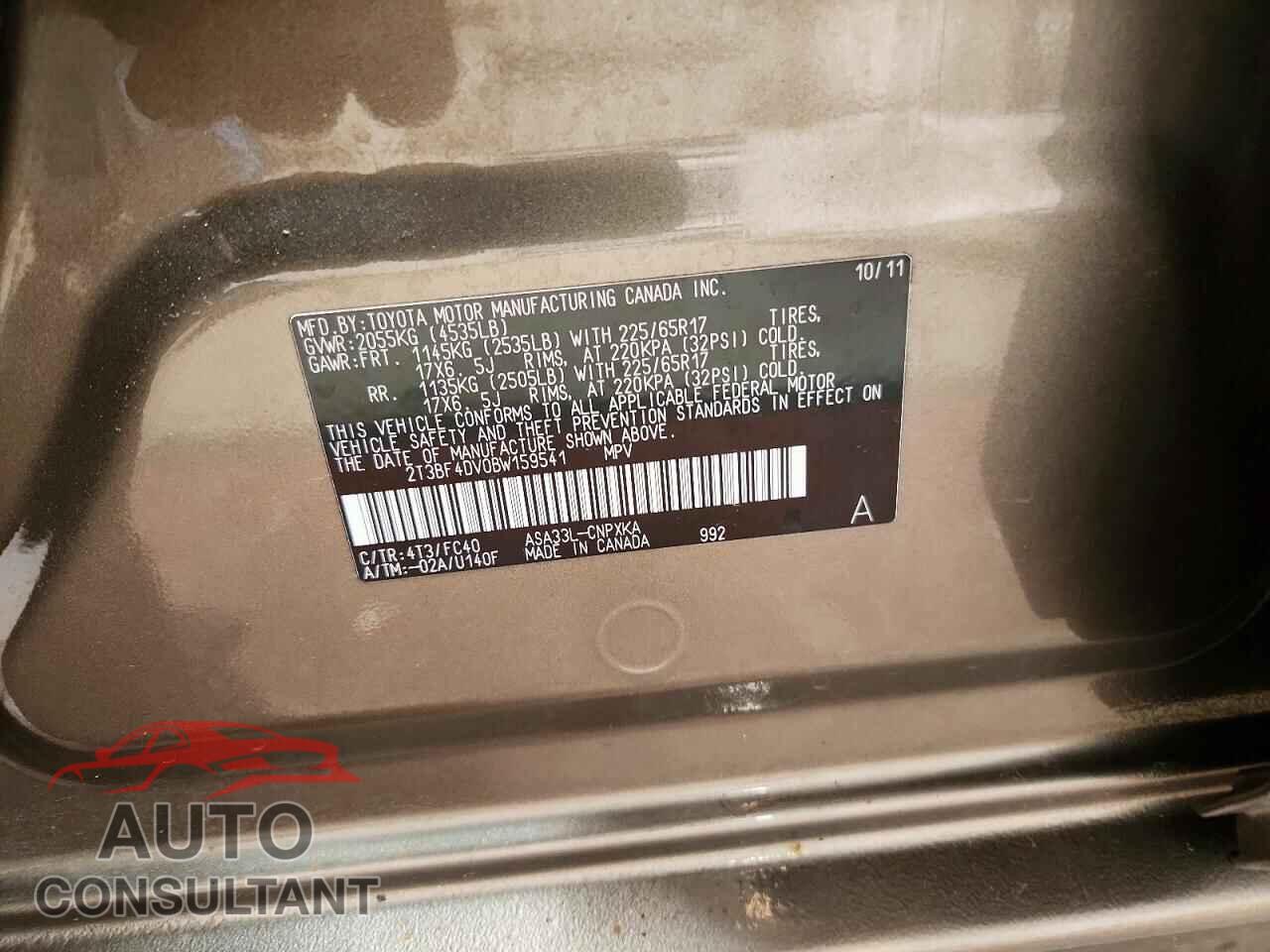 TOYOTA RAV4 2011 - 2T3BF4DV0BW159541