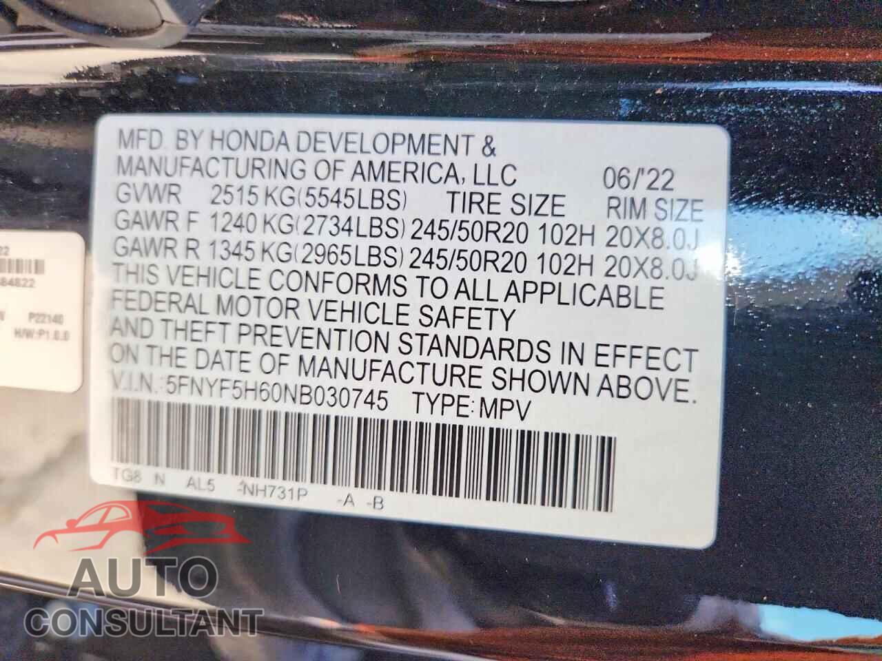 HONDA PILOT 2022 - 5FNYF5H60NB030745