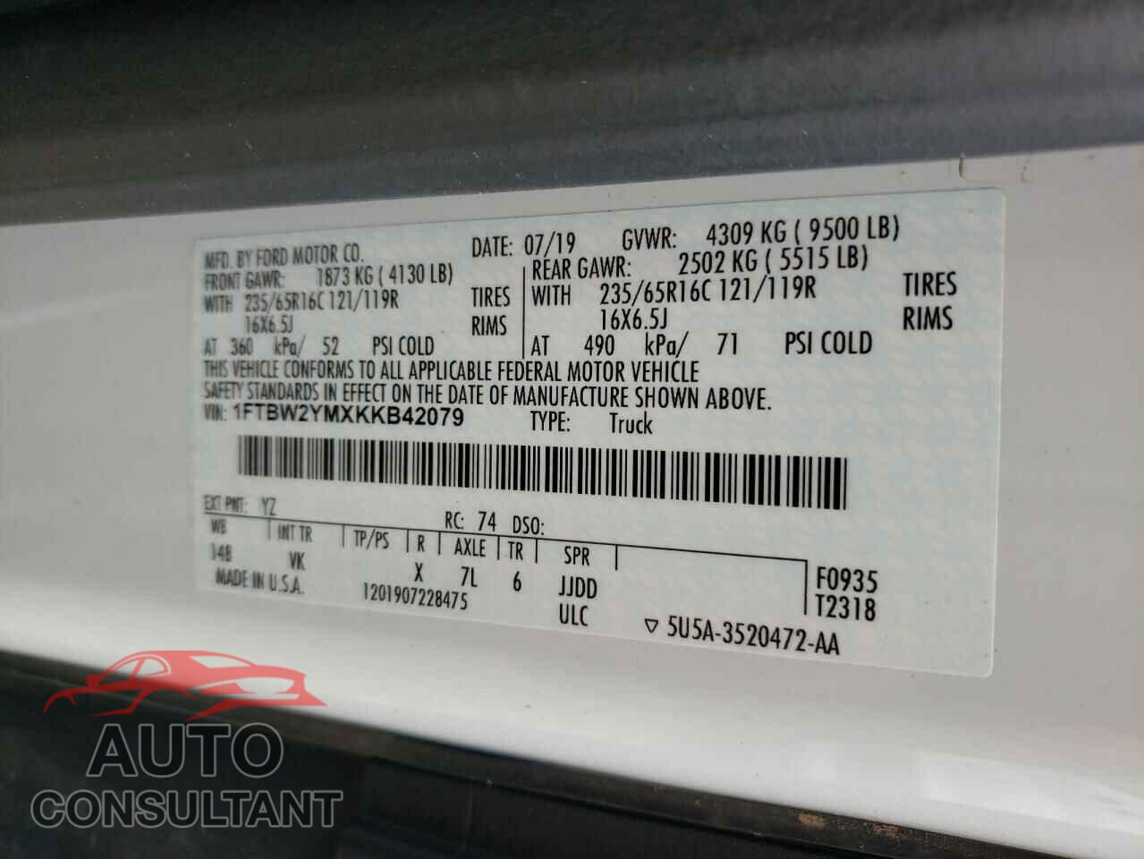 FORD TRANSIT 2019 - 1FTBW2YMXKKB42079