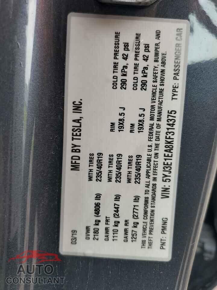 TESLA MODEL 3 2019 - 5YJ3E1EA8KF314375