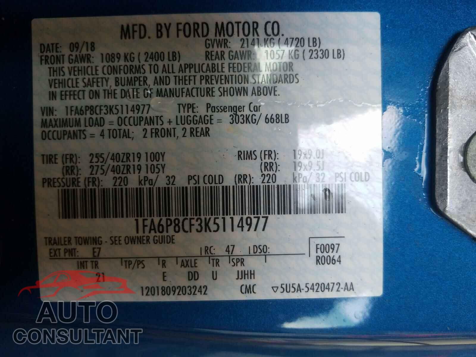 FORD MUSTANG 2019 - 1FA6P8CF3K5114977