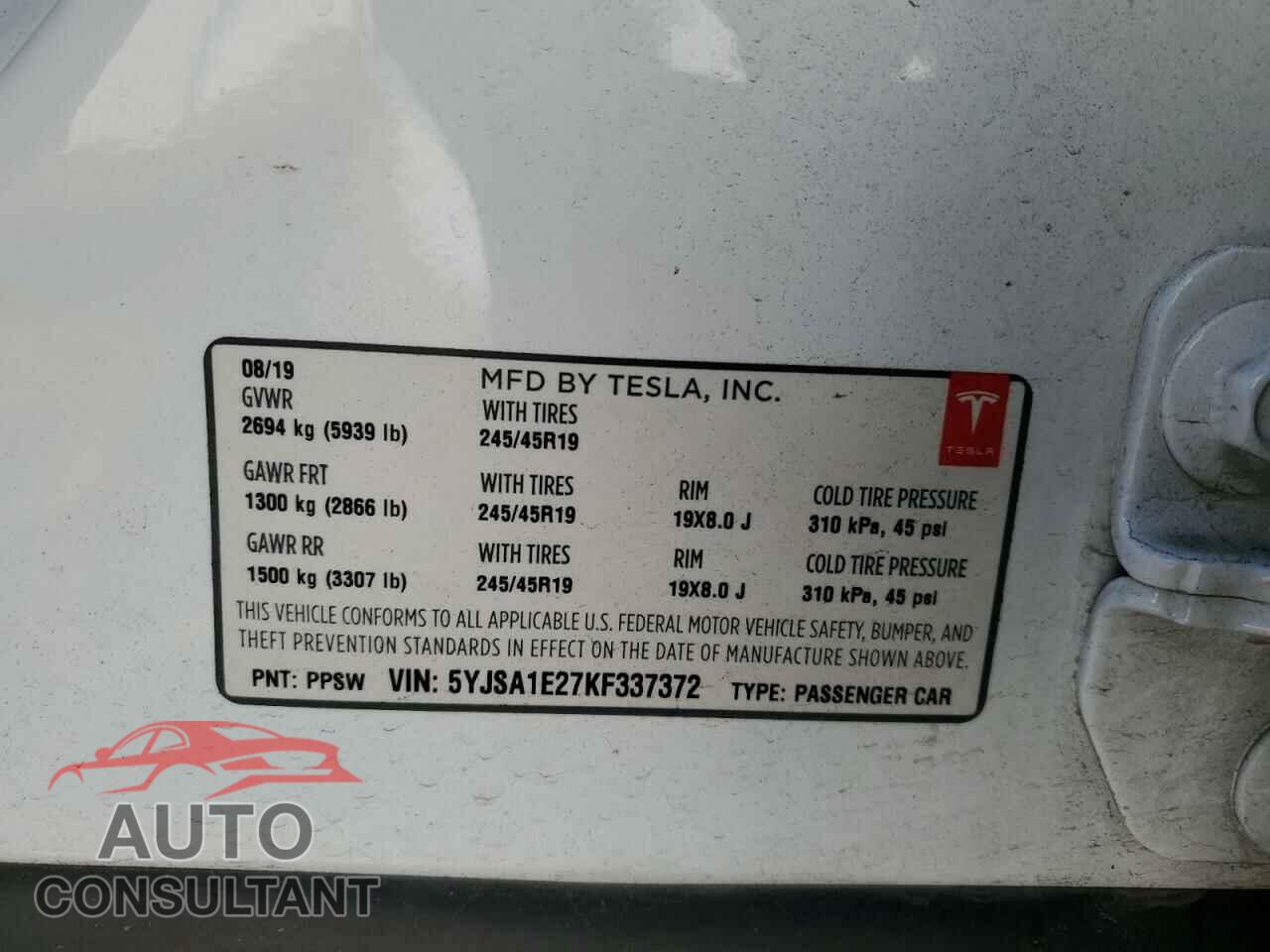 TESLA MODEL S 2019 - 5YJSA1E27KF337372