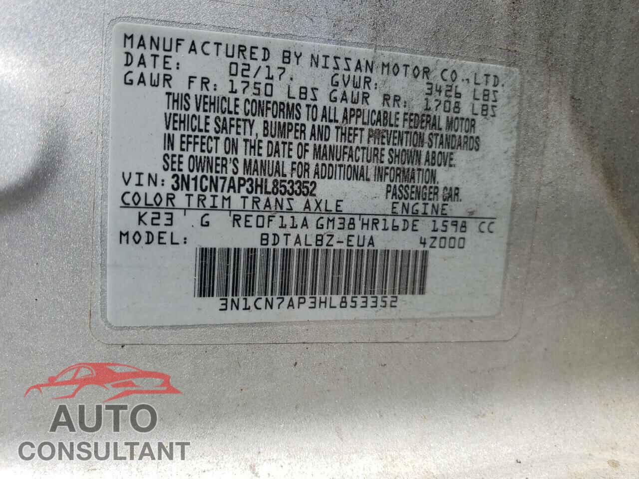 NISSAN VERSA 2017 - 3N1CN7AP3HL853352
