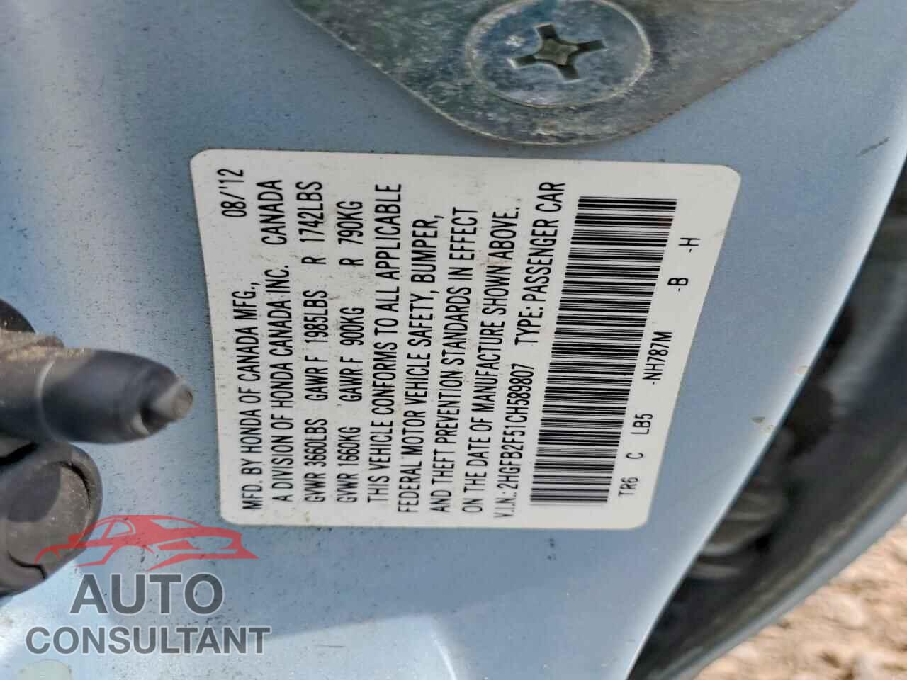 HONDA CIVIC 2012 - 2HGFB2F51CH589807
