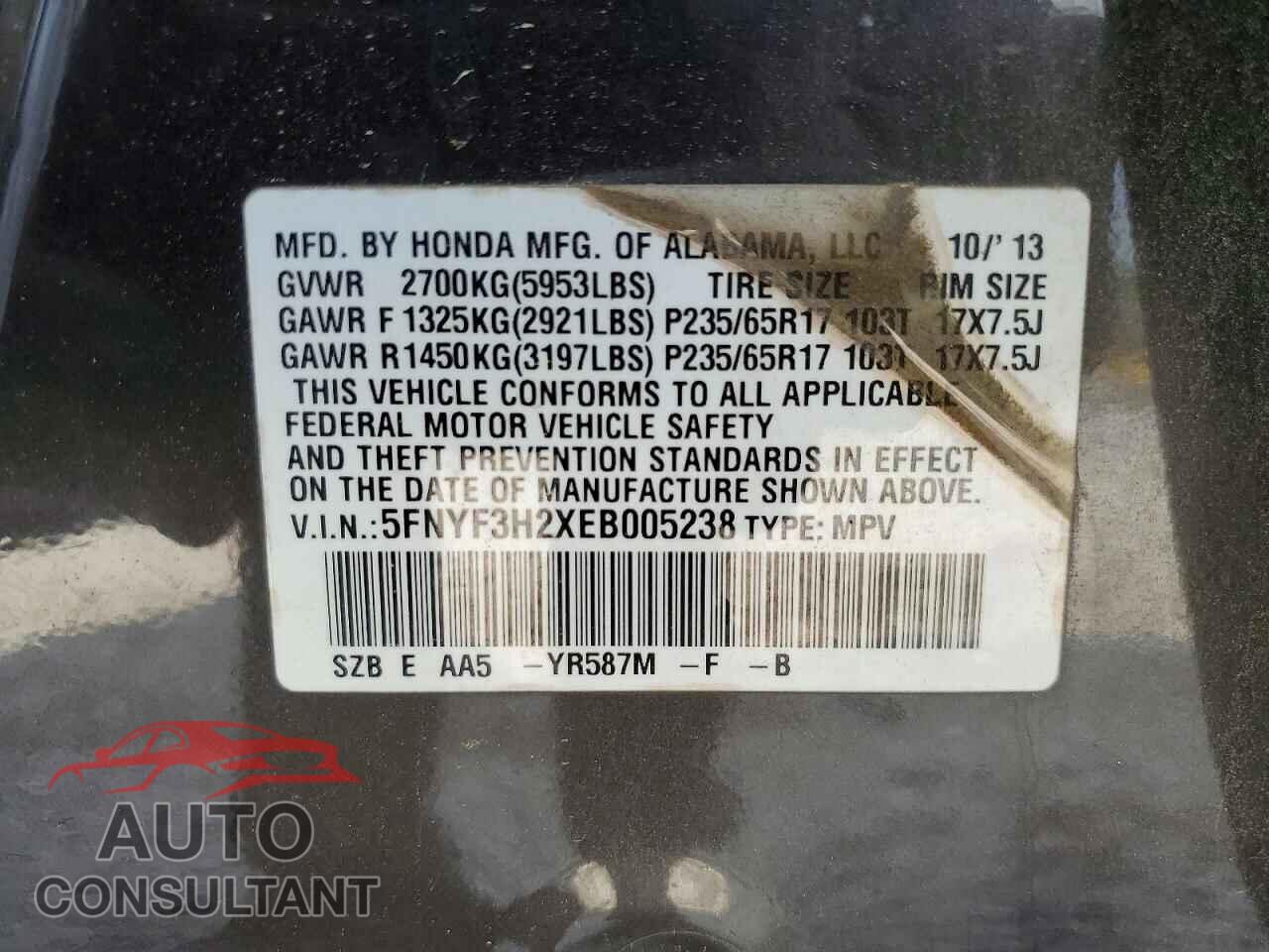HONDA PILOT 2014 - 5FNYF3H2XEB005238