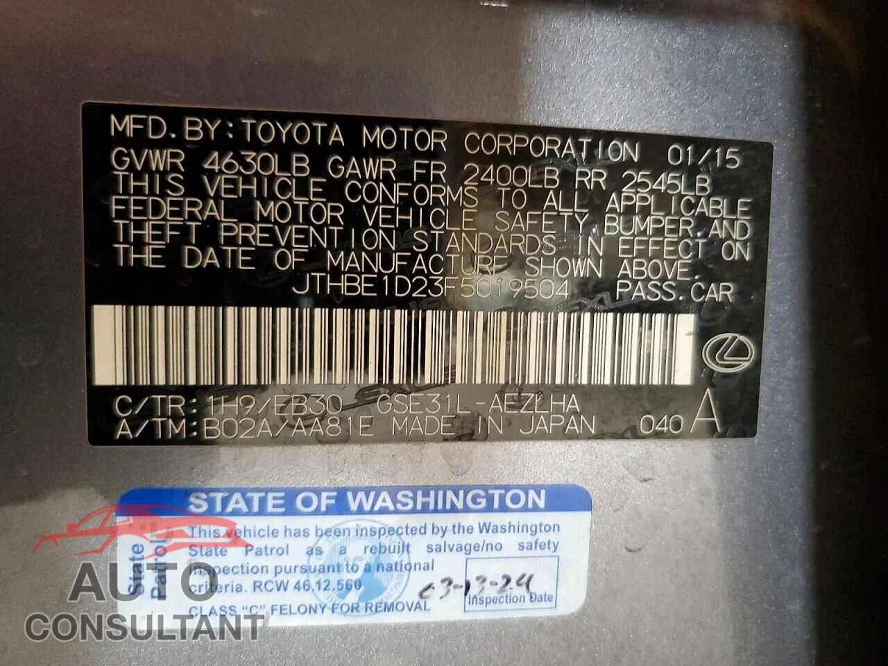 LEXUS IS 2015 - JTHBE1D23F5019504
