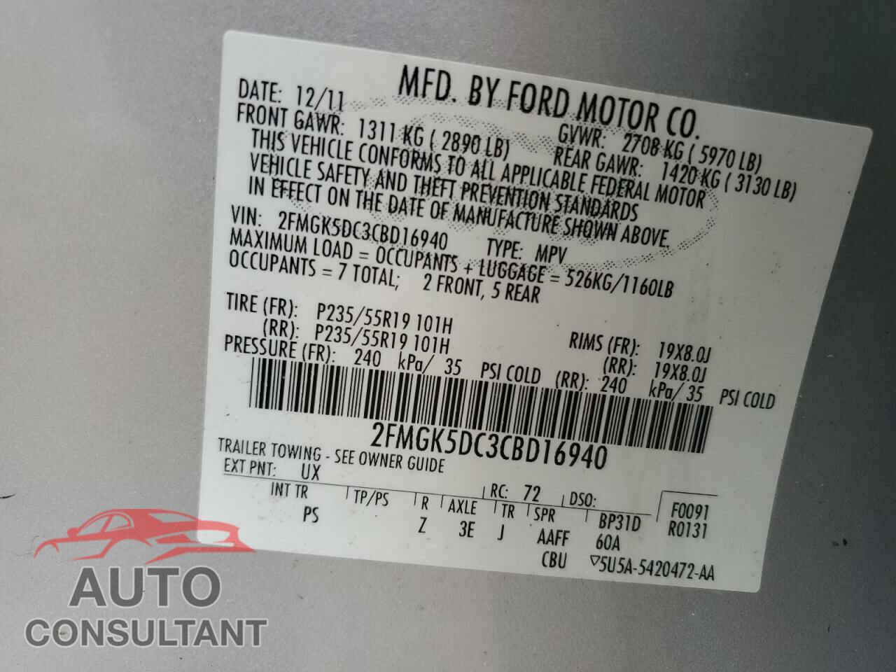 FORD FLEX 2012 - 2FMGK5DC3CBD16940