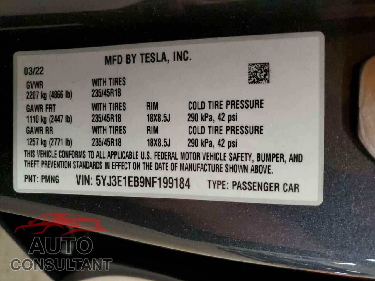 TESLA MODEL 3 2022 - 5YJ3E1EB9NF199184