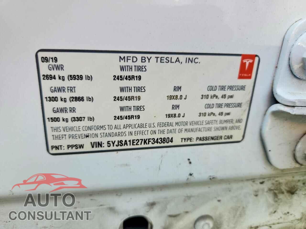 TESLA MODEL S 2019 - 5YJSA1E27KF343804
