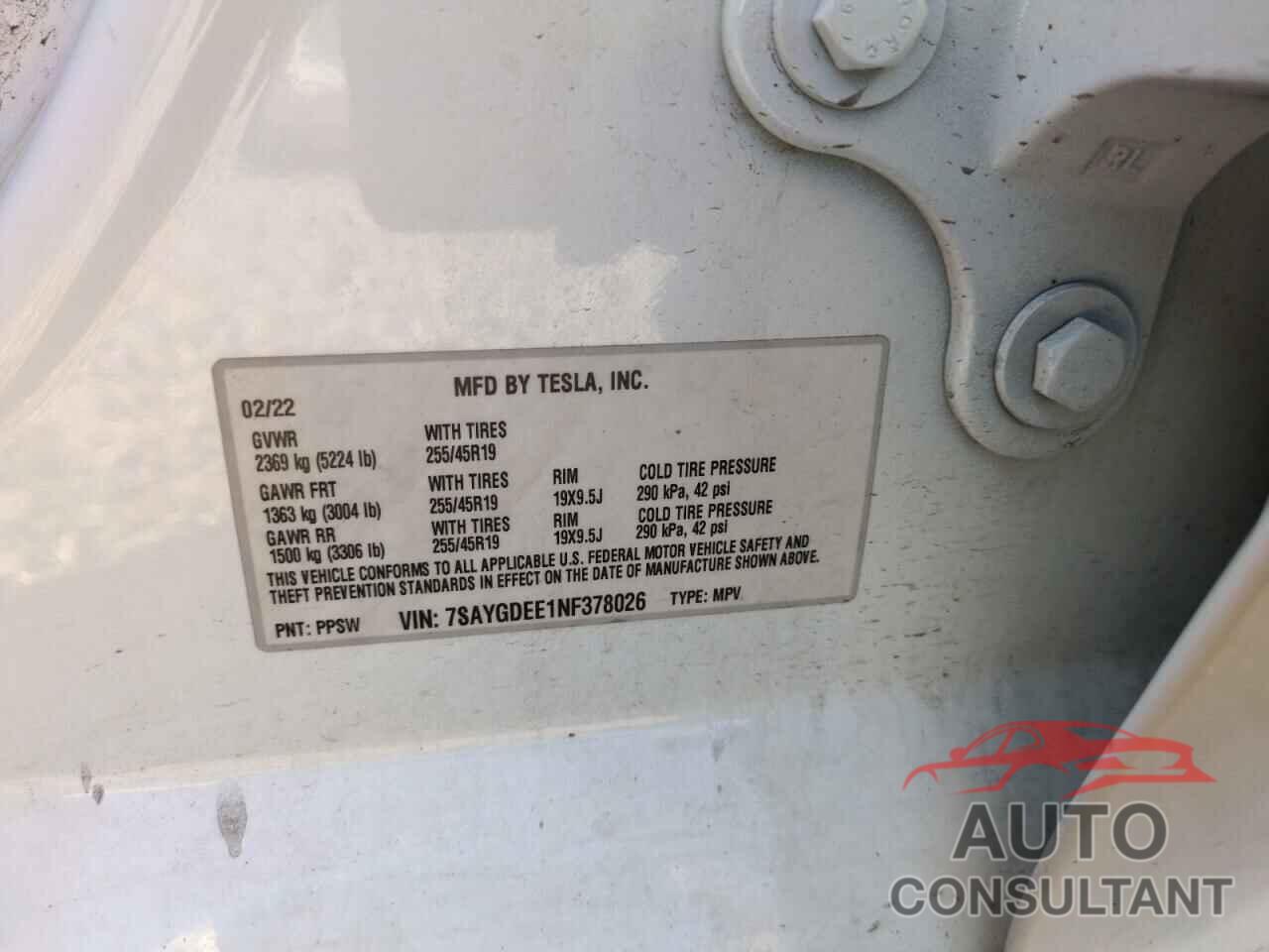 TESLA MODEL Y 2022 - 7SAYGDEE1NF378026