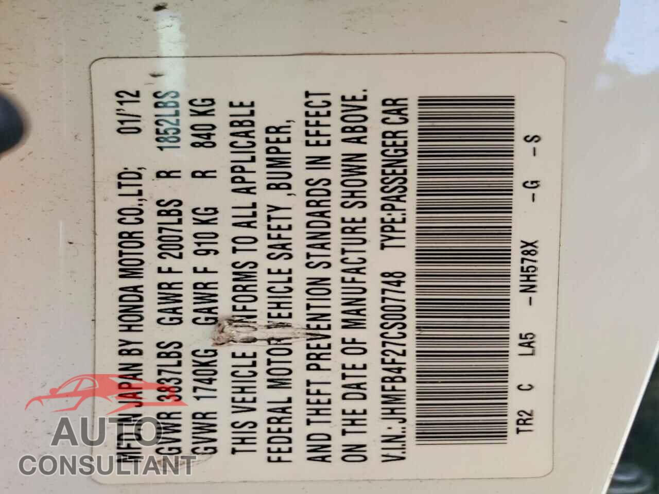 HONDA CIVIC 2012 - JHMFB4F27CS007748