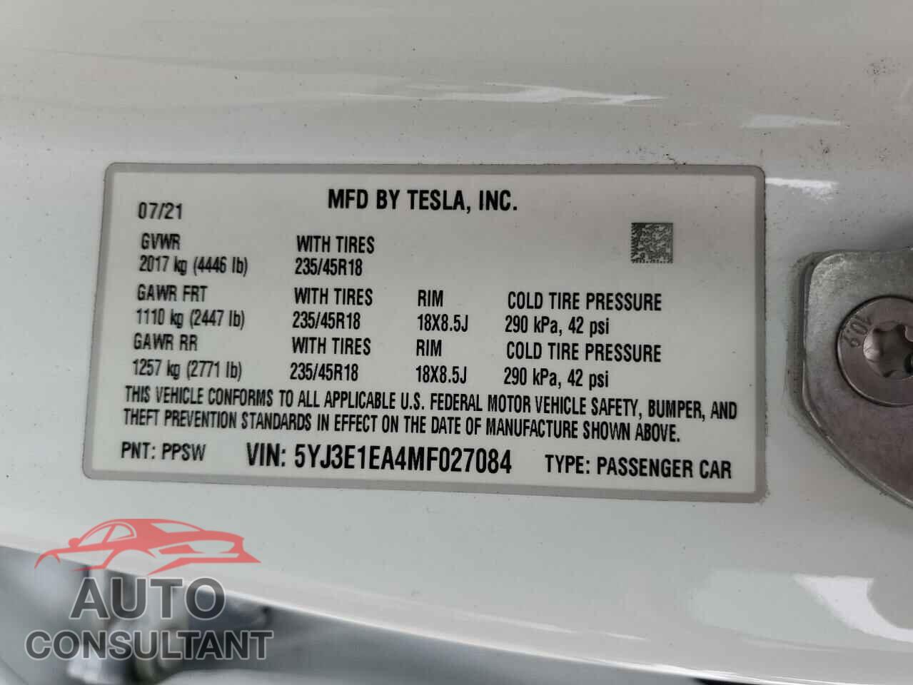 TESLA MODEL 3 2021 - 5YJ3E1EA4MF027084