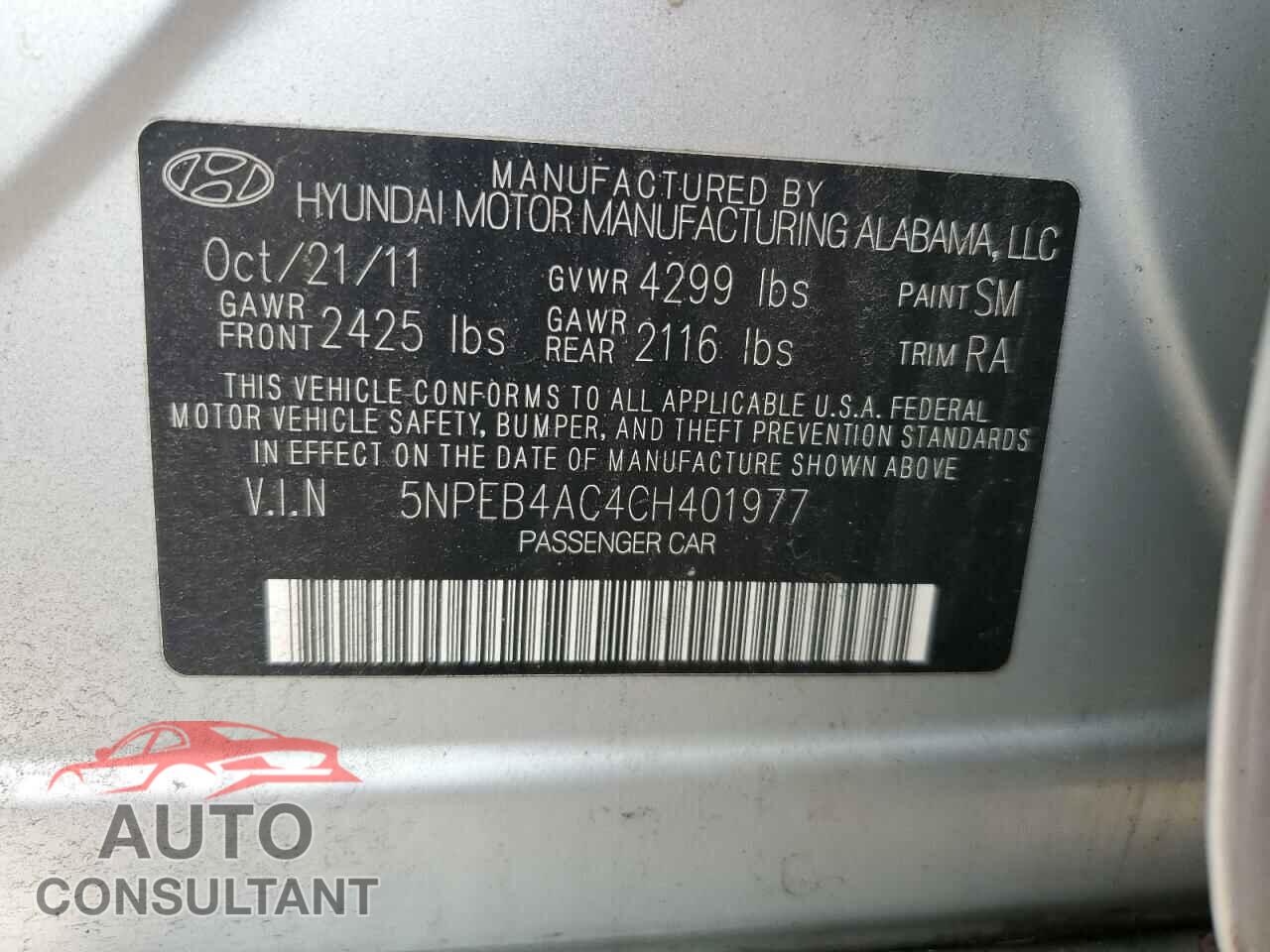 HYUNDAI SONATA 2012 - 5NPEB4AC4CH401977