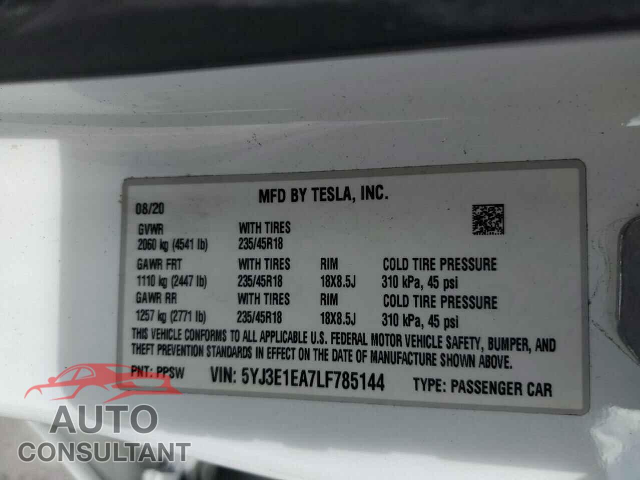 TESLA MODEL 3 2020 - 5YJ3E1EA7LF785144