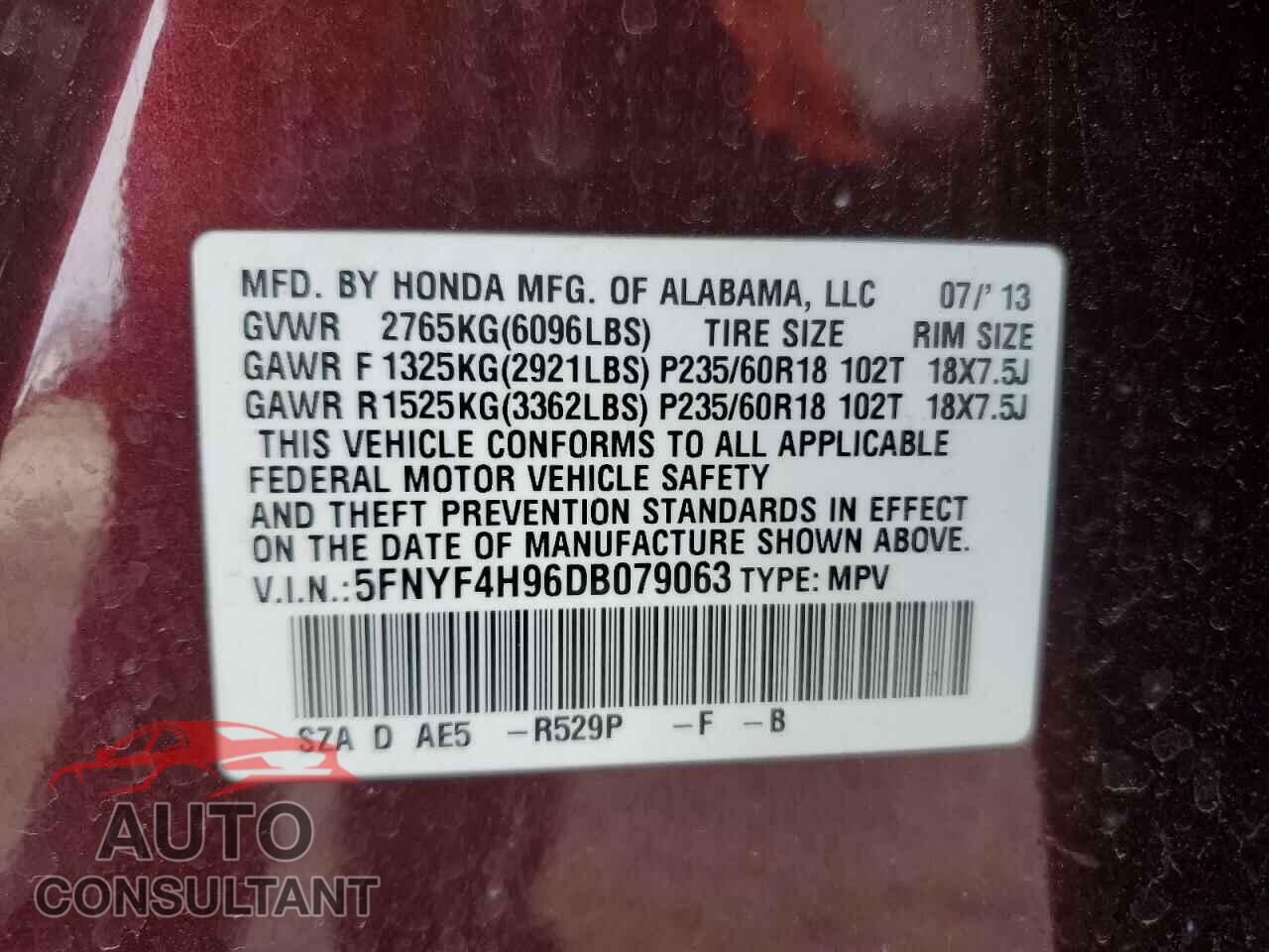 HONDA PILOT 2013 - 5FNYF4H96DB079063