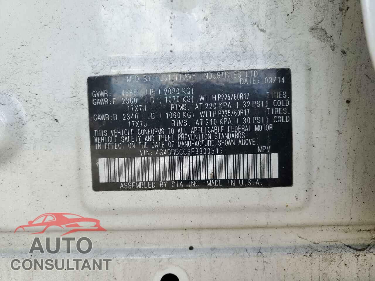 SUBARU OUTBACK 2014 - 4S4BRBCC6E3300515