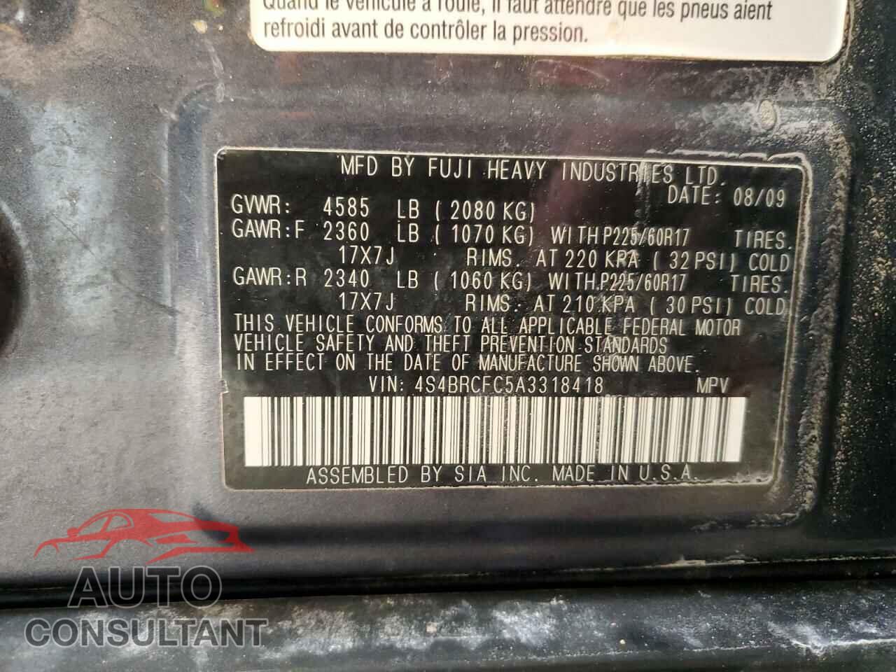SUBARU OUTBACK 2010 - 4S4BRCFC5A3318418