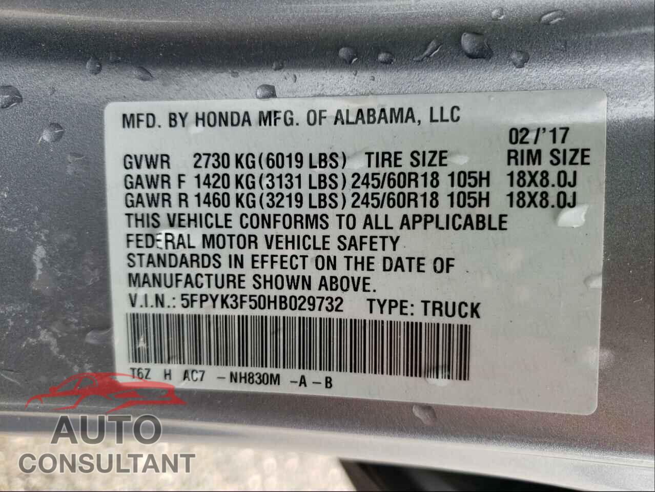 HONDA RIDGELINE 2017 - 5FPYK3F50HB029732