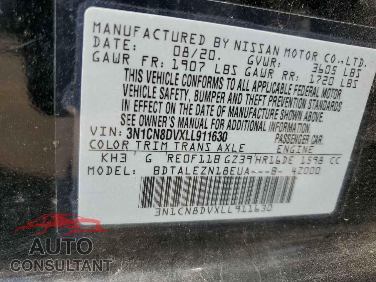 NISSAN VERSA 2020 - 3N1CN8DVXLL911630