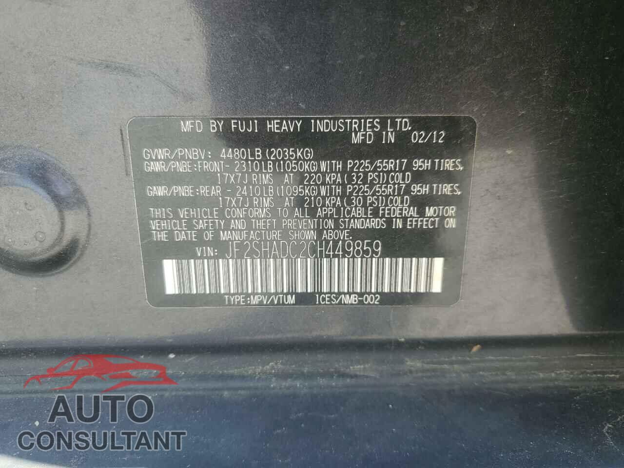 SUBARU FORESTER 2012 - JF2SHADC2CH449859